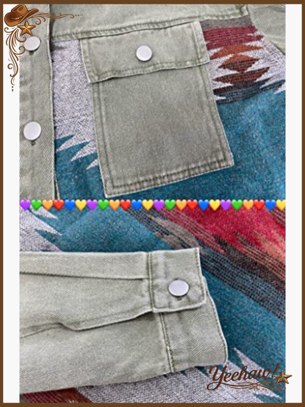 Womens Aztec Denim Jacket Distressed Lapel Long Sleeve Vintage Button Down - Picture 4 of 4